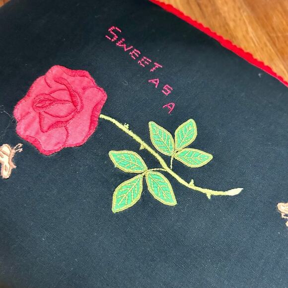 Vintage Handmade "Sweet as a Rose" Black Pillow with Red Pom Pom Trim Border - Picture 3 of 12